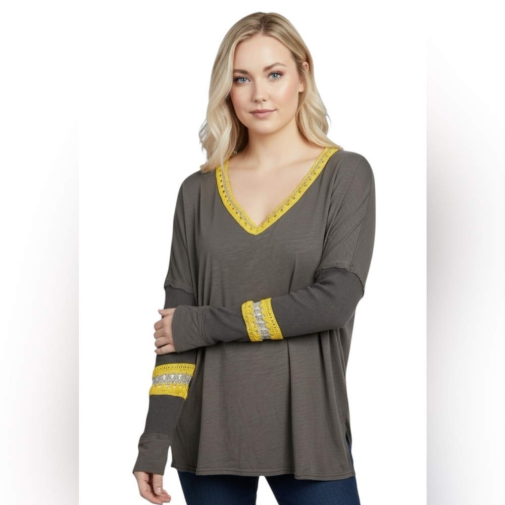 Natural Life Oversized Boho Long Sleeve Top Crochet Knit Gray‎ Size XL